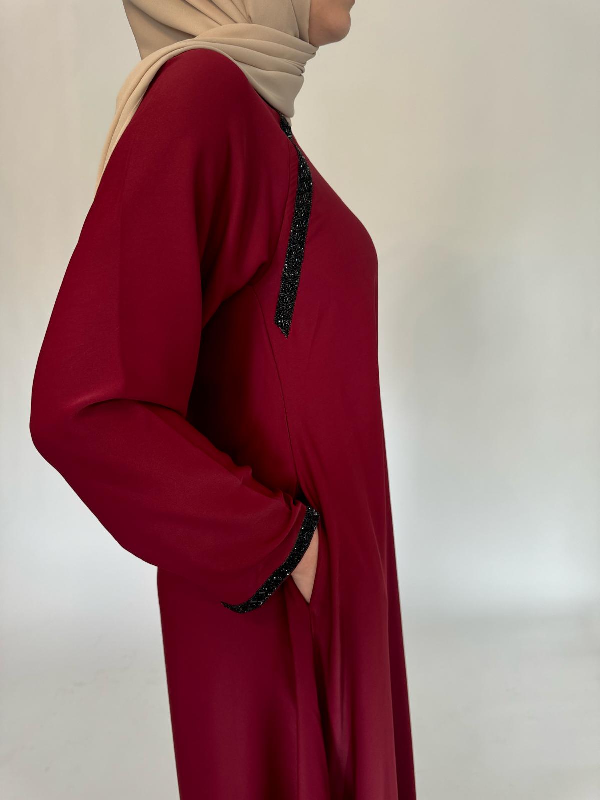Red Sequin Design Pockets Abaya
